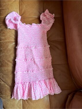 Katie J NYC Pink Smocked Floral Dress with Ruffle Hem